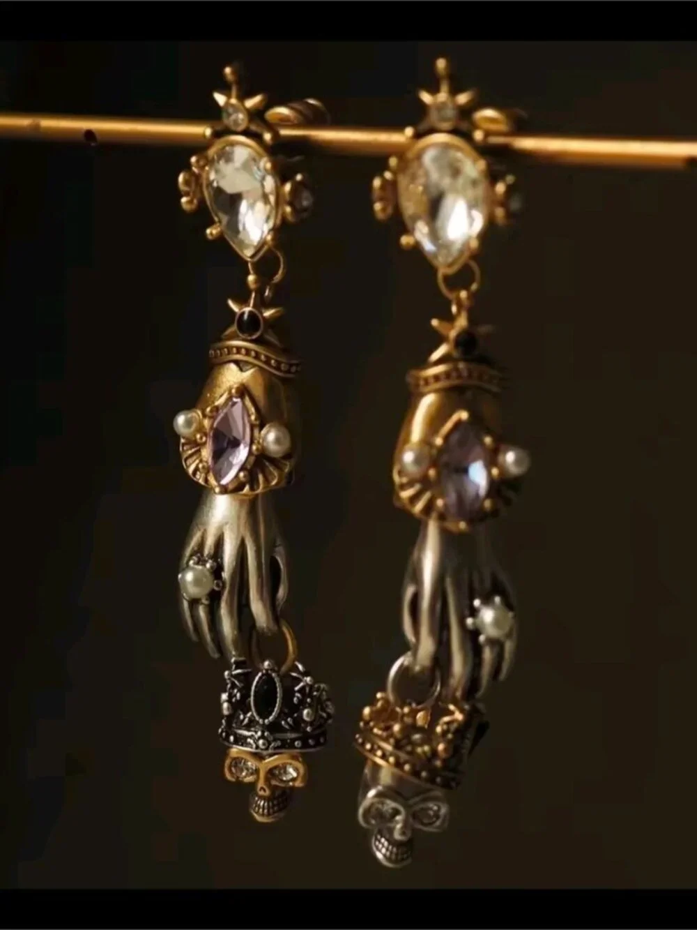 Gold and Silver Hand Drop Earrings with Purple and Clear Stones